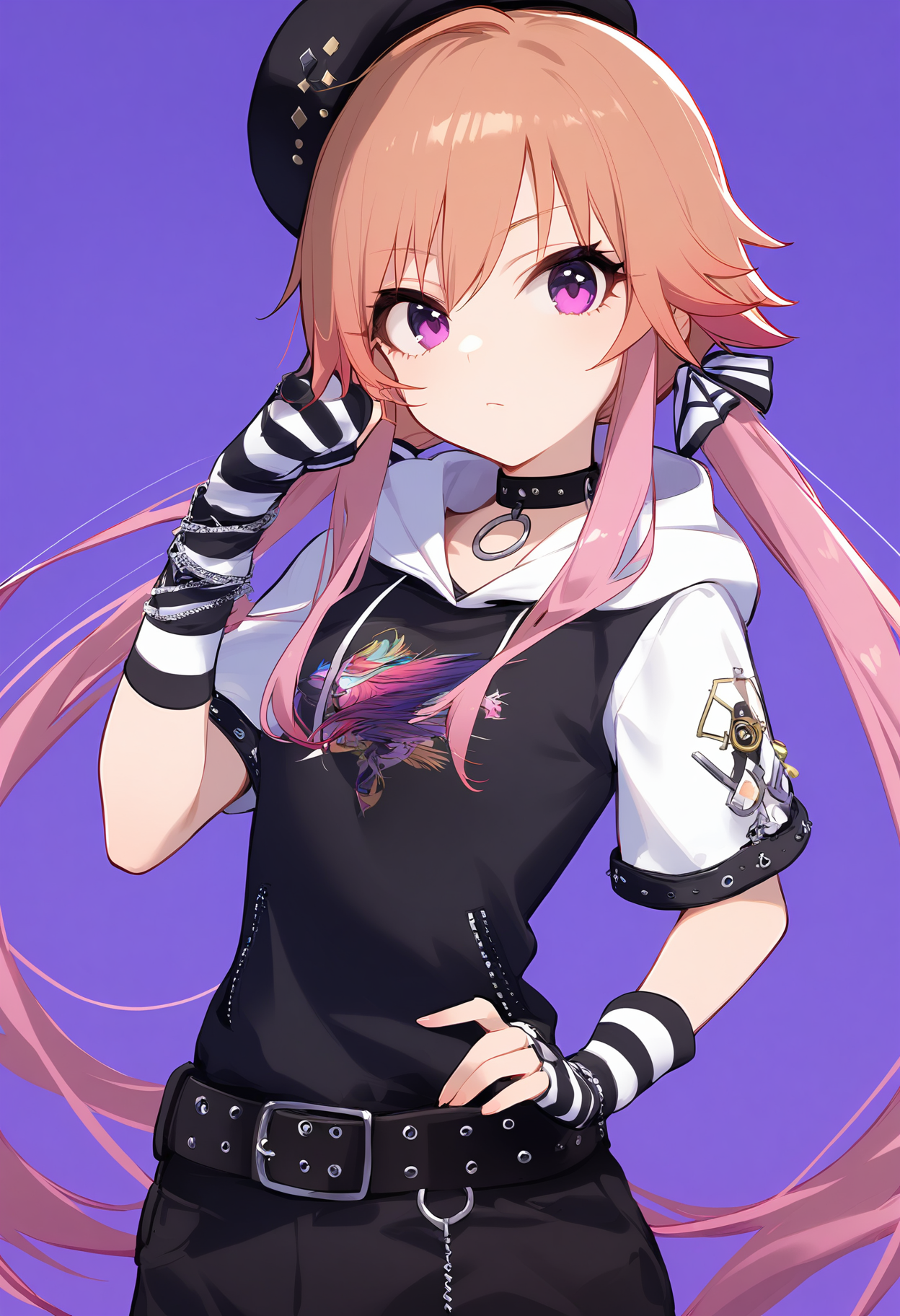 1girl,
ninomiya asuka,


solo, looking at viewer, hood down, short sleeves, white sleeves, standing, purple eyes, long hair, hair ornament, pink hair, two-tone hair, striped gloves, light brown hair, gloves, striped clothes, choker, hand on own hip, hoodie, simple background, hat, twintails, purple background, belt, cowboy shot, hand up, black hat, hood, closed mouth, multicolored hair, black choker, black hoodie, elbow gloves,

sfw
<lora:a31_char_new_ninomiya_asuka-000008:1> <lora:a31_style_koni-000010:0.8>