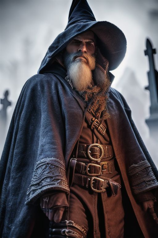 (masterpiece:1.2), (best quality,:1.2), 8k, HDR, ultra detailed, ((photorealistic)), professional light, cinematic lighting, fashion photography, ambient lighting, atmospheric effects, <lora:detail_slider_v4:2>, <lora:zoom_slider_v1:1.5>, a male WitchHunter, (beard), coat, belt, cape, hat, <lora:WitchHunter-10:1>, in a sinister graveyard,  <lora:Darkness:0.3> Darkness, epiCPhoto