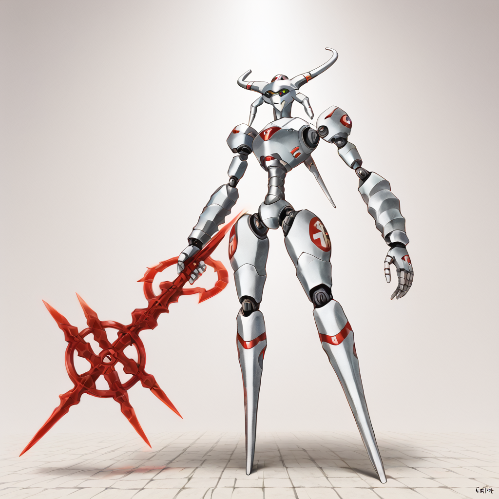 <lora:Character_Skeith_.hack_PONY:0.8> origiskeith, robot, white body, horns, weapon