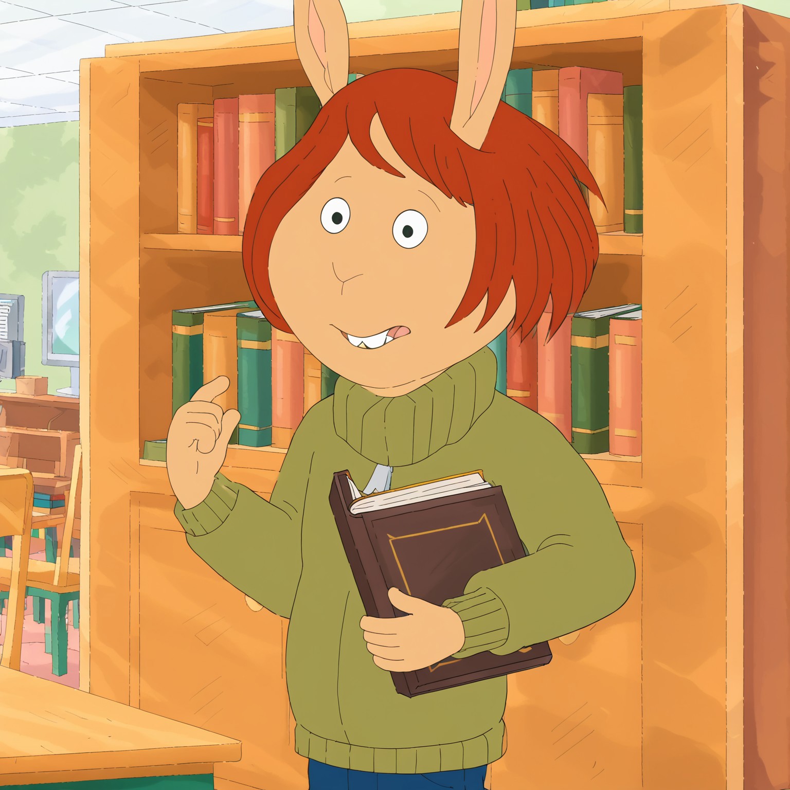 Ladonna Compson, 1girl, solo, furry, bucktooth, tan complexion, short auburn hair,
olive green sweater, blue jeans, sneakers,
library, books 