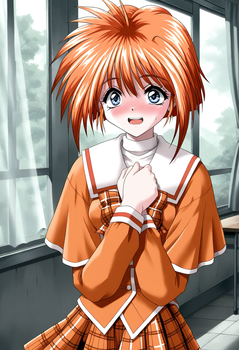 general,highres, ultra-detailed,very aesthetic,best quality ,best hands, BREAK <lora:Kawahara_Ayano_Akumu_AoiKajitsunoSange_IS:1>
Kawahara_Ayano, 1girl, solo, short hair, orange hair, small breasts, gray eyes, bangs, 
open mouth, embarrassed+surprised,
smile,
orange school uniform, black and white plaid skirt,   
ribbon,  hands on own chest,  
braid, plaid bow, forest,  long sleeves, 
class room, curtain,