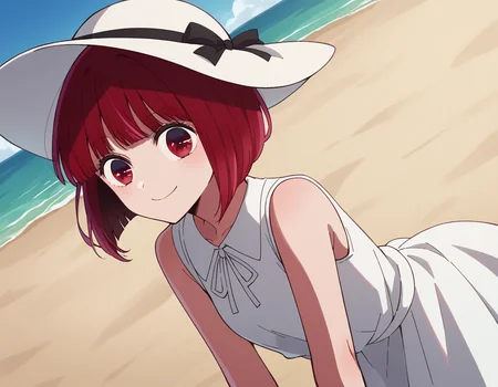 score_9, score_8_up, score_7_up, source_anime,
kanaarima, <lora:kana-arima-s1-ponyxl-lora-nochekaiser:1>,
kana arima, short hair, bangs, red eyes, red hair, bob cut, smile,
hat, dress, ribbon, sleeveless, white dress, sleeveless dress, white headwear, sun hat, sundress,
beach, bent over, smile,
looking at viewer, cowboy shot, dutch angle, solo,