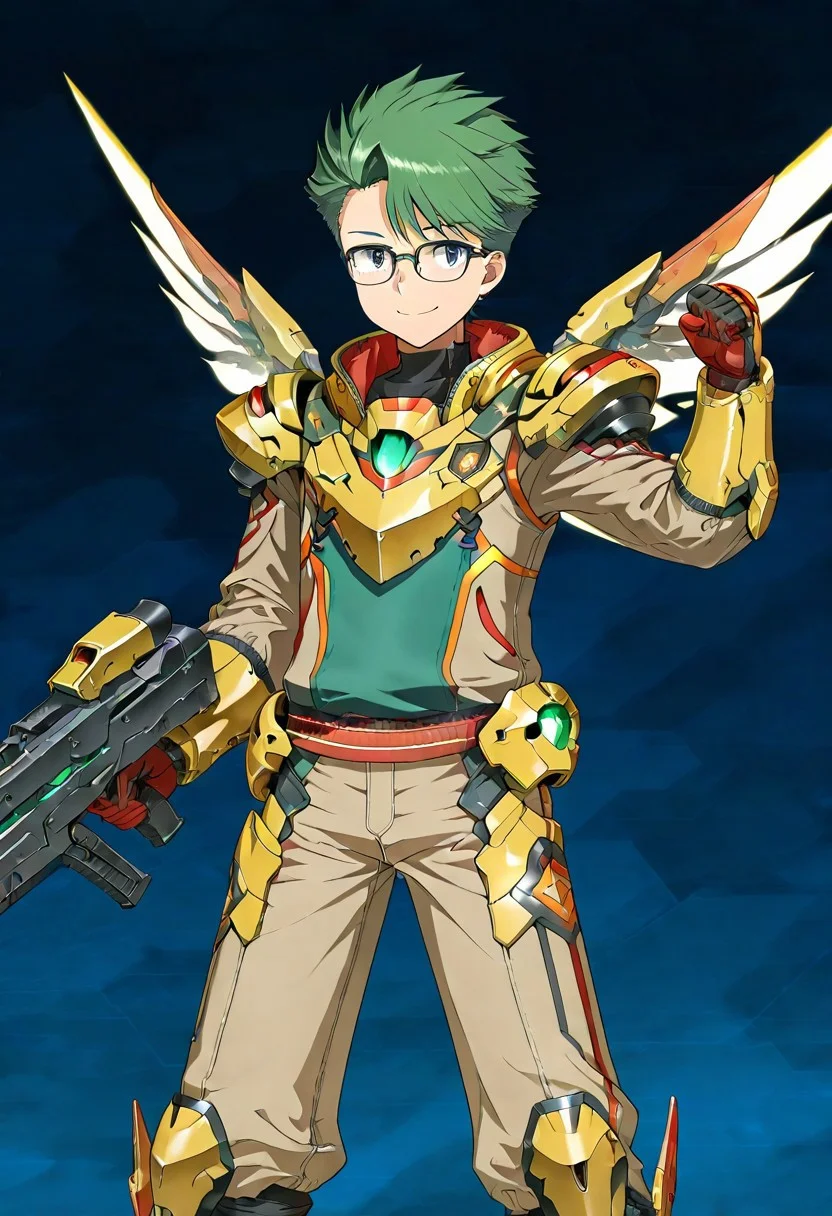 gb4_tao, green hair, short hair, grey eyes, 1boy, solo, male focus, glasses, lean body, young, youthful, wear mecha armor with eagle mecha wings, yellow mecha armor theme, fly toward the viewer, fight pose, high quality, armaments equipped in the armor, score_9, futuristic city in the background, BREAK, his right hand is holding beam rifle, high quality, best quality, masterpiece, detailed draw,detailed eyes, detailed face