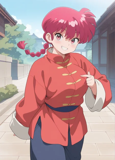 masterpiece, best quality, amazing quality, very aesthetic, absurdres, newest, detailed background, outdoors, realistic,
ranmaxd, 1girl, solo, braid, red hair, braided ponytail, tangzhuang, single braid, chinese clothes, oversized clothes, long sleeves, pants, seductive smile, grin, pointing at breasts, , large breasts, looking at viewer, braided ponytail,
<lora:Ranma_Saotome_-_Ranma_12_Remake_Illustrious:1>