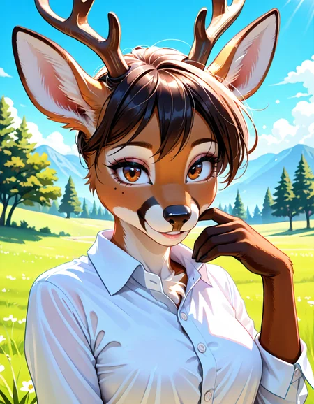 masterpiece, best quality, very aesthetic, absurdres,
outdoors,
button up shirt,
upper body, posing, face focus,
seductive smile, parted lips, long eyelashes,
<lora:Lotus_v01_NAIXL:1>,
L07u8,1girl,solo,furry,furry female, deer ears, antlers, short hair, no headwear, brown eyes, snout, animal nose, body fur, two-tone fur, brown fur, white fur, tail, hooves,