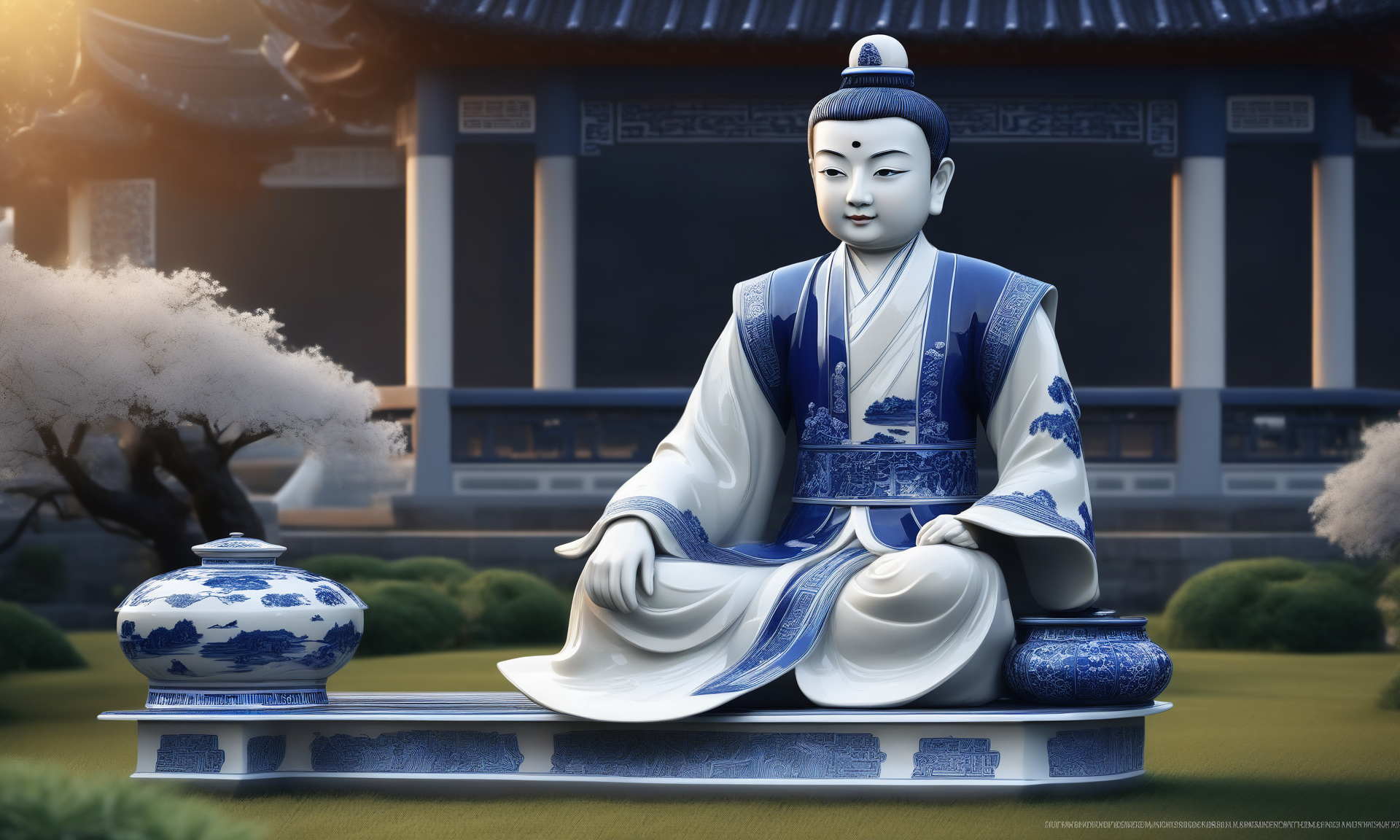 <lora:bwporcelaincd_xl-000007:0.7>, a schoolboy statue sitting on grass made of (bwporcelaincd_xl, blue and white porcelain, shiny:1.3, solo:1.3) in park, outdoors, nature, river, scenery, rockery, full body, still life, chinese building, chinese clothes, front view, facing viewer, looking at viewer, (Unbelievable Digital Artwork:1.3), CGSociety, ArtStation, master works, 8K,HDR,UHD,masterpiece,best quality,highly detailed,emotional,harmonious,high budget,moody,epic,gorgeous,high resolution,perfect lighting,finely detail,extremely detailed,ultra detailed,realistic,photorealistic,huge filesize,photographic,real,wallpaper,moody lighting,volumetric lighting,reality ray tracing