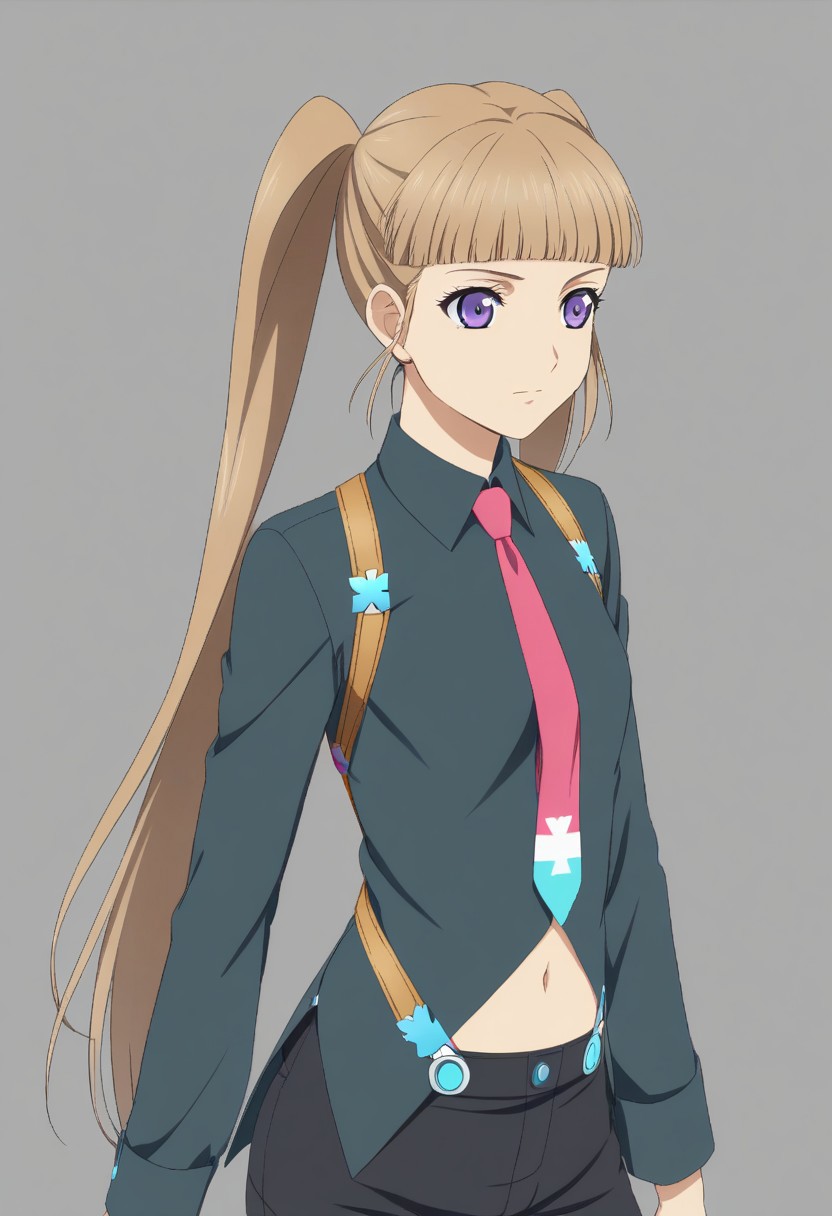 fractured violet elle, aged up, green collared shirt, pink necktie, black suspender shorts, grey kneehighs, black rubber boots, navel cutout, light brown hair, twintails, purple eyes, blunt bangs, flat chest, untucked shirt, 1girl, solo, standing, upper body