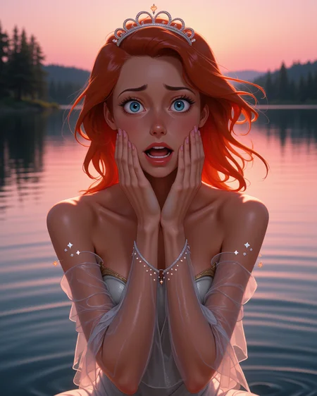 wide shot, looking at viewer, outdoors daylight, 20 year old woman, Horrified with wide, panicked eyes, mouth agape, and hands covering the face.
<lora:Disney_-_Ariel_v2-000030:1> d-ariel a 20 year old adult woman with blue eyes and red hair.
a radiant woman with luminous red hair styled in soft waves, wearing a shimmering silver-white gown with translucent long sleeves, glowing star-like motifs along the hem, delicate tiara,
A woman sits on the edge of a lake at sunset, her feet submerged in the cool water as the sky turns a soft pink, reflecting in the stillness of the lake.