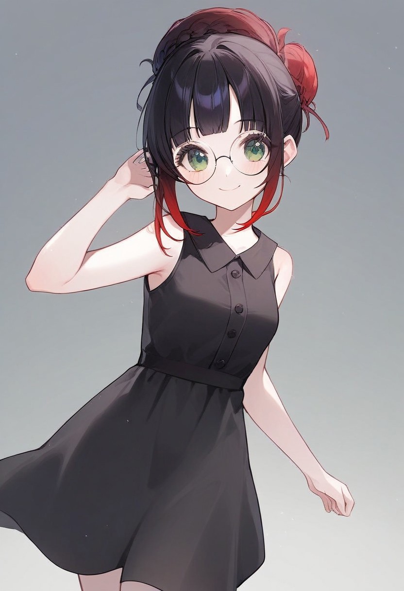 score_9, score_8_up, score_7_up, score_6_up, score_5_up, score_4_up, 1girl, (score_9, score_8_up:1.1), score_7_up,  black hair, hair bun, gradient hair(red-black), green eyes, big round eyeglasses, small breasts, slim, pale skin, dynamic pose, black sundress, smiling, closed mouth, cowboy shot