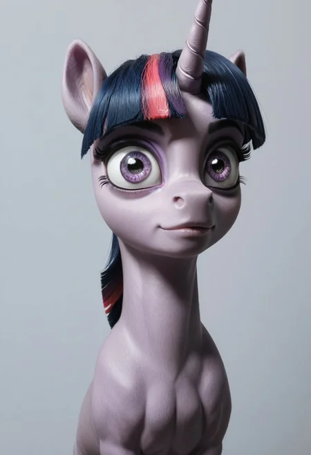 score_9, score_8_up, score_7_up, score_6_up, score_5_up, score_4_up, Realistic, solo, slender, slim, twilight sparkle, no humans, horn, unicorn, horse, pony, female, mare, unicorn, calm, unkempt mane, rear view, looking back, looking over shoulder, smirk, (fur:0.9), big eyes, realistic, photo, detailed, beautiful, small eyes, realistic eyes, c1op1c1an, face focus, eyes popping out