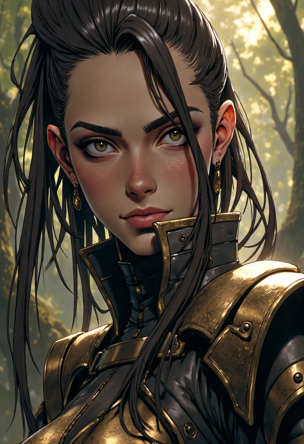 masterpiece, high-quality, A dramatic close-up of a determined female archer, her steely gaze locked on an unseen target, Windswept strands of hair frame her angular face, bold line art highlights the intricate texture of her weathered leather armor, The faint blur of a dense forest behind her gives depth to her intense focus, angular features, dynamic depth, intricate details, vivid lighting, (elaborate fine details:1.1), (hyperdetailed:1.1), (intricate details:1.0), (Refined details:1.1), (best quality:1.1), (high resolution:1.2),