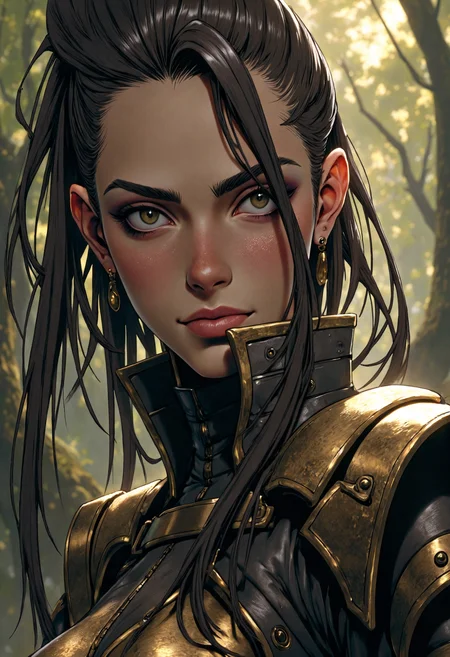 masterpiece, high-quality, A dramatic close-up of a determined female archer, her steely gaze locked on an unseen target, Windswept strands of hair frame her angular face, bold line art highlights the intricate texture of her weathered leather armor, The faint blur of a dense forest behind her gives depth to her intense focus, angular features, dynamic depth, intricate details, vivid lighting, (elaborate fine details:1.1), (hyperdetailed:1.1), (intricate details:1.0), (Refined details:1.1), (best quality:1.1), (high resolution:1.2),