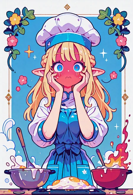 masterpiece,best quality,amazing quality, 1girl, solo, looking at viewer, simple background, haiz_ai, in the style of cknc, Flatline, Flat vector illustration, long hair, blonde hair, braid, french braid, pretty face, blue eyes, tall elf, skinny, pointed ears, medium breasts, white dress, white shirt, girly look, girly details, blue apron, chefs hat, holding large bag, shocked, surprised, cute look, floral print background, mixing bowl, large spoon, cooking, mixing things, eggs, flour, milk, outside border, floral border, inset border, (red face:1.3), hands on face, cooking on fire, smoke, looking at fire, embarrassed face, <lora:ponyv4_noob1_2_adamW-000017:0.30000000000000004> <lora:checkpoint-e18_s306:1.5000000000000002> <lora:haiz_ai_illu:0.7000000000000002> <lora:ck-nc-cyberpunk-IL-000011:0.6000000000000001> <lora:Dark_Ghibli:0.30000000000000004>