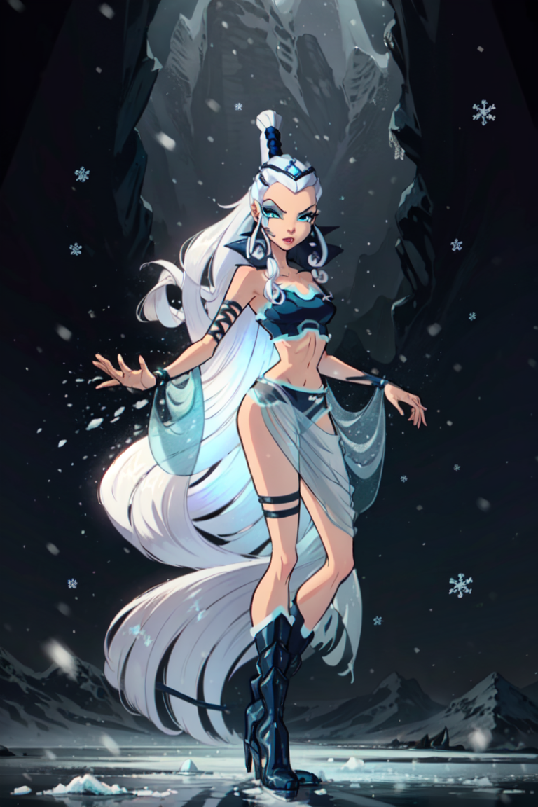 (Icy), blue eyes, white hair,(very long hair), (ice background, snowing, winter, mountains), (realistic:1.2), (masterpiece:1.2), (full-body-shot:1),(Cowboy-shot:1.2), dark romantic lighting, (highly detailed:1.2),(detailed face:1.2), (gradients), colorful, detailed eyes, (natural lighting:1.2), solo <lora:add_detail:0.3> <lora:BeautifulEyes:0.6> <lora:WinxClubAmplifiedIcy-10:0.9>