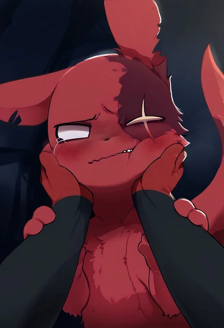 score_9, score_8_up, score_7_up, score_6_up, score_5_up, score_4_up, artificer, slugcat, artificer slugcat), red body, white eyes, burn scar, eye scar, facial scar, tail, cheek squash, hands on another's face, hands on another's cheeks, solo focus, pov hands, pouting, blush, disembodied hands