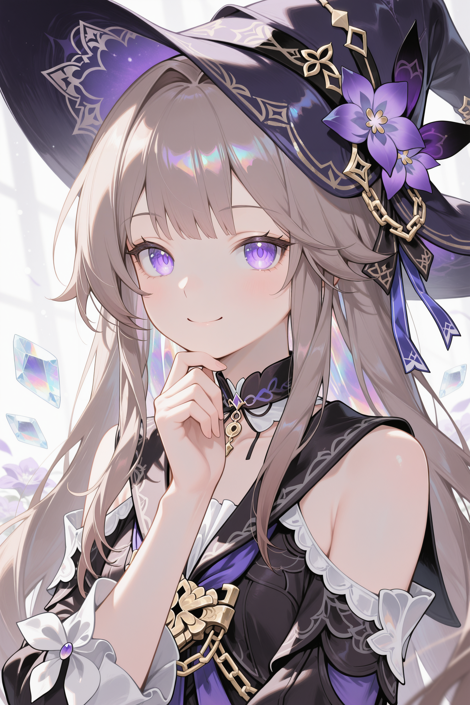 masterpiece, best quality, iridescent_crystaline, the herta (honkai: star rail), 1girl, solo, hat flower, hat, long hair, looking at viewer, purple eyes, purple headwear, flower, bare shoulders, purple flower, smile, upper body, brown hair, dress, witch hat, hand on own chin <lora:Iridescent_crystaline:1>