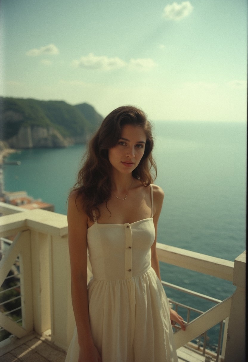 A boring, improvised snapshot of a beautiful woman, taken circa of 2016,  as if by a friend using an old cellphone or disposable camera. She's standing on a hotel balcony in Porto Fino, Italy, with a stunning sea in background. Out-of-focus, bad quality snapshot, displays a slight graininess and imperfections typical of low-quality images, evoking a sense of genuine, carefree moments without any filters or edits, highlighting the beauty of spontaneity.  cinematic_1940s cinematic_octane