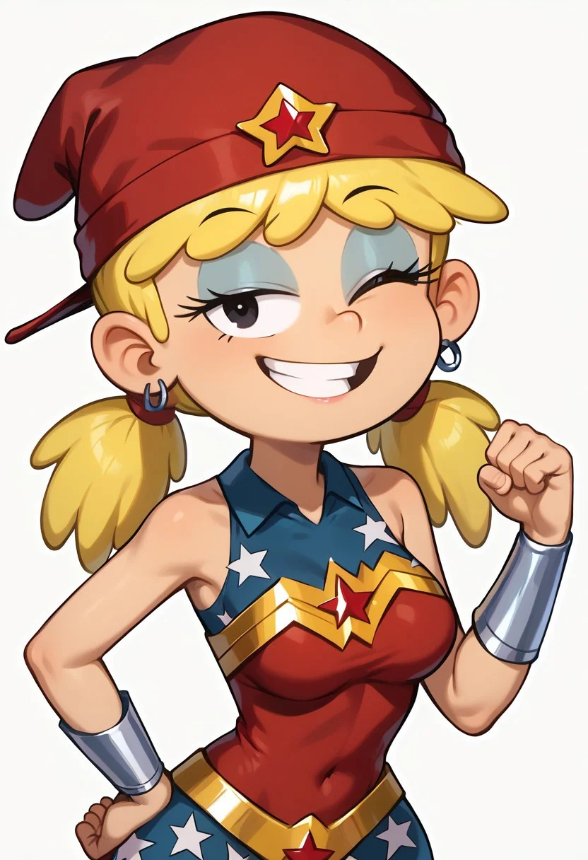score_8_up, score_7_up, Lana Loud, 1girl, solo, cute, upper body, standing, cute squint, grin, smug, teasing, smile, half-closed eyes, smile, open mouth, looking at viewer, <lora:Lana_Loud1-10_3:0.8>, tomboy, blonde hair, pigtails, red headwear, missing tooth, black eyes, posing, wonder woman cosplay, bare shoulders, tiara, earrings, medium breasts, jewelry, leotard, white background, simple background, winking, hand on hip, hip sway, wide hips, hand up, flexing, flat color, sideview,