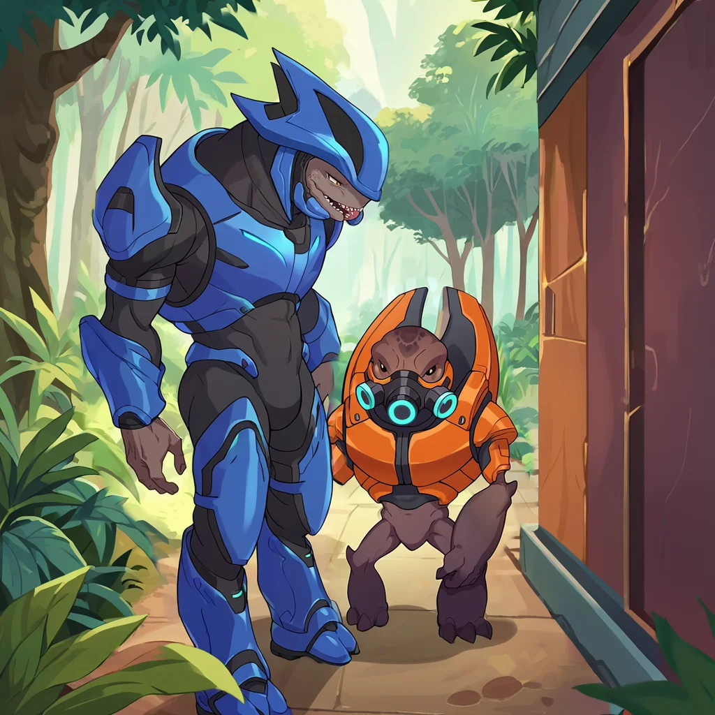 score_9, score_8_up, score_7_up, score_6_up, score_5_up, score_4_up, anime screencap, tropical forest, purple forest, 2boys,
BREAK sangheili, 1boy, blue armor, helmet, tall, lean, height difference, <lora:sangheili_pdxl_:1>