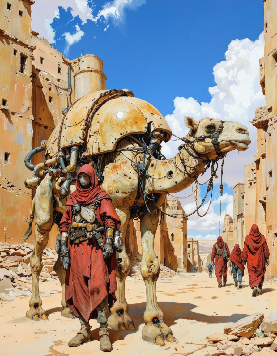 By theaicolab. This is a highly detailed digital illustration depicting a desert scene. The central focus is a humanoid robot standing next to a large, beige, camel-like robot. The humanoid robot, dressed in a red, hooded cloak and equipped with various gadgets and tools, appears to be a human-like cyborg. The camel robot, with a large, rounded head and multiple mechanical appendages, has various pipes and cables attached to its body, suggesting advanced technological integration. 
The background features a sandy, arid landscape with crumbling, beige stone buildings, indicating a desert settlement. The sky is a vivid blue with scattered white clouds, casting a bright, warm light on the scene. To the right, several other humanoid robots, also in red cloaks, are walking away from the viewer, adding to the sci-fi ambiance. The textures in the image are rich and detailed, with the sand appearing gritty and the stone buildings showing signs of wear and age. The overall style is a blend of realism and science fiction, with a focus on intricate mechanical design and a gritty, post-apocalyptic aesthetic. The illustration is highly detailed and vivid, capturing the essence of a futuristic, desert environment. <lora:The_AI_Colab:1>
