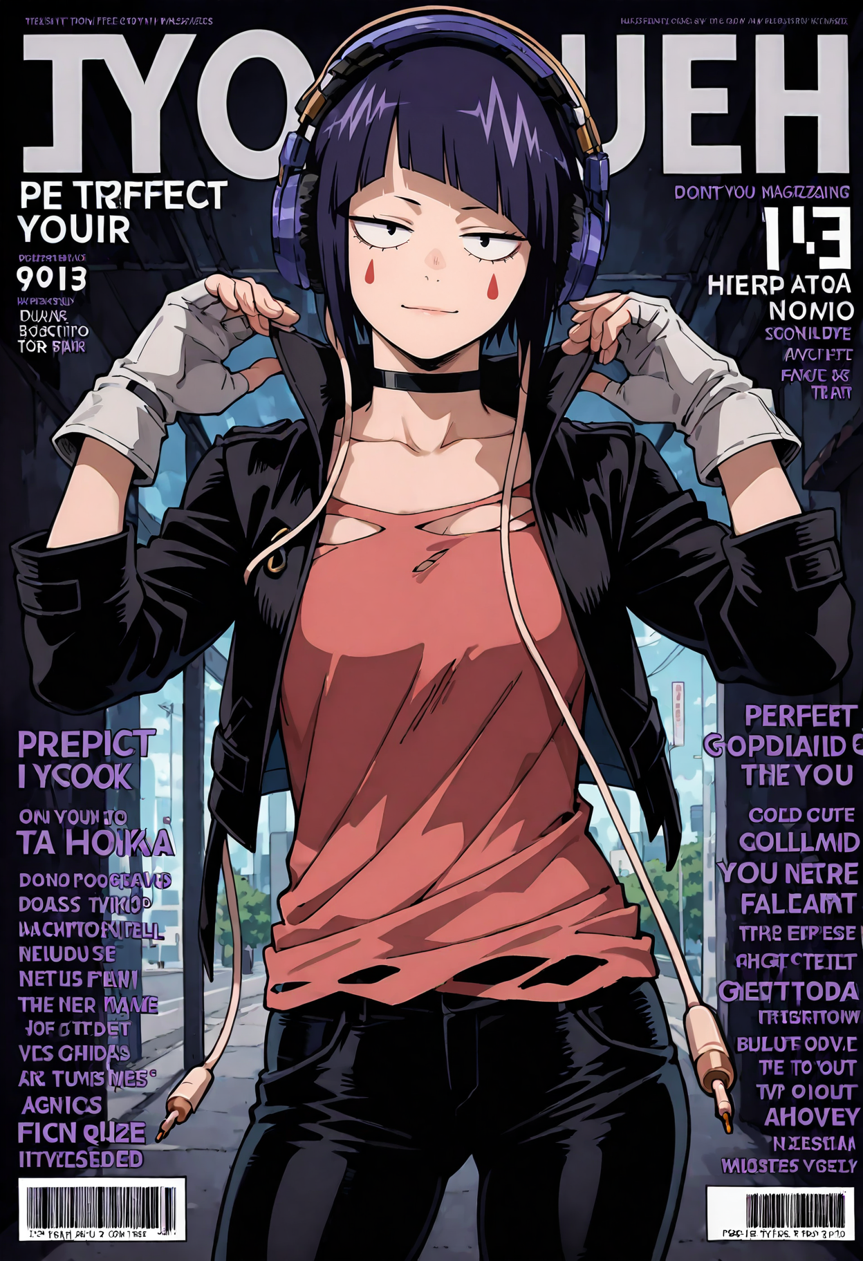 <lora:add-detail-xl:1>,masterpiece,best quality,absurdres,highres,detailed eyes,beautiful,detailed background,perfect eyes,realistic,
<lora:magazine-cover-illustriousxl-lora-nochekaiser:1>,magazine cover,fake magazine cover,english text,cover,fake cover,price,cover page,text focus,barcode,cowboy shot,sexy pose,solo,light smile,
<lora:jiro_kyoka:1>,jiro_kyoka,jirou kyouka,gloves,1girl,jacket,boots,fingerless gloves,shirt,black jacket,black pants,headphones,short hair,pants,facial mark,long earlobes,bangs,red shirt,white gloves,blunt bangs,choker,black eyes,purple hair,torn shirt,open clothes,open jacket,blue hair,torn clothes,grey gloves,collarbone,facepaint,sanpaku,black footwear,facial tattoo,black hair,long sleeves,