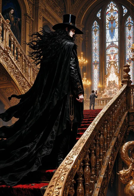 weibo, drawing, illustration retro 90's, Yoshitaka Amano, Ayami Kojima, chromatic aberration, detail, high contrast, cinematic view,volumetric lighting,perspective, gothic_fantasy,golden_details,dramatic_lighting,high_contrast,eerie_atmosphere, fantasy_art,dark_romantic,gritty_texture,melancholic_mood, thick_linework, surreal, cinematic, intense_detail, photorealistic,(sharp focus:1.3). A stylized character with a striking appearance. A thigh-high close-up of a character a vampire hunter standing mid-way up the steps in grand, gothic-inspired interior hall featuring a sweeping, elegant staircase. The vampire hunter is tall, with pale skin and a stoic expression, dressed in a flowing black cloak that cascades behind him and a wide-brimmed hat. His long, wavy black hair spills over his shoulders, adding a haunting presence to the scene. The staircase itself is lined with an ornate wrought-iron railing, while a swirling, ethereal sculpture rises beside it. The hall’s tall, arched windows with intricate tracery allow dim, filtered light to cast soft shadows across the scene. Glowing chandeliers add warmth to the otherwise cold, gothic atmosphere. The background evokes a timeless, dark fantasy aesthetic, as if the castle itself holds countless secrets. The high-contrast lighting highlights the dramatic interplay of shadows and light. The image is highly detailed, with a focus on the textures of his suit, the sharpness and the way his interacts with the.
DB4RZ, DB4RZ style painting