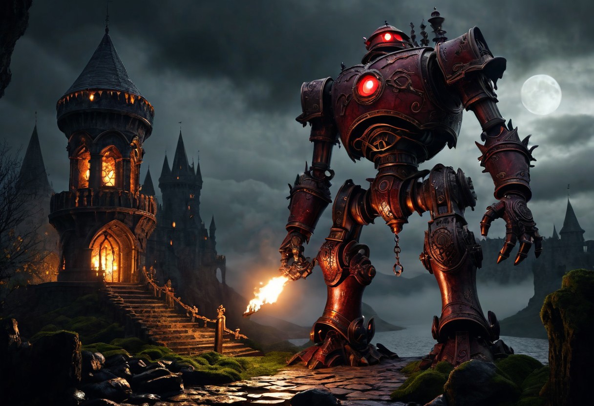 giant bipedal robot dirty apple red and dark amber, bronze paisley robot. lacy robot smoking forge head. outside of a steampunk keep. large detailed torso. dark image. one forty foot tall ancient robot with great arms and two heavy spring legs. dark foggy night background. $dark foggy night image only. dark photo realistic image. steampunk details. cogs, chains and pipes incorporated in the fantasy buildings. magic wizards tower in background. Dark swamp, moss, castle ruins, wizards tower. stormy dark night.  stormy sky.