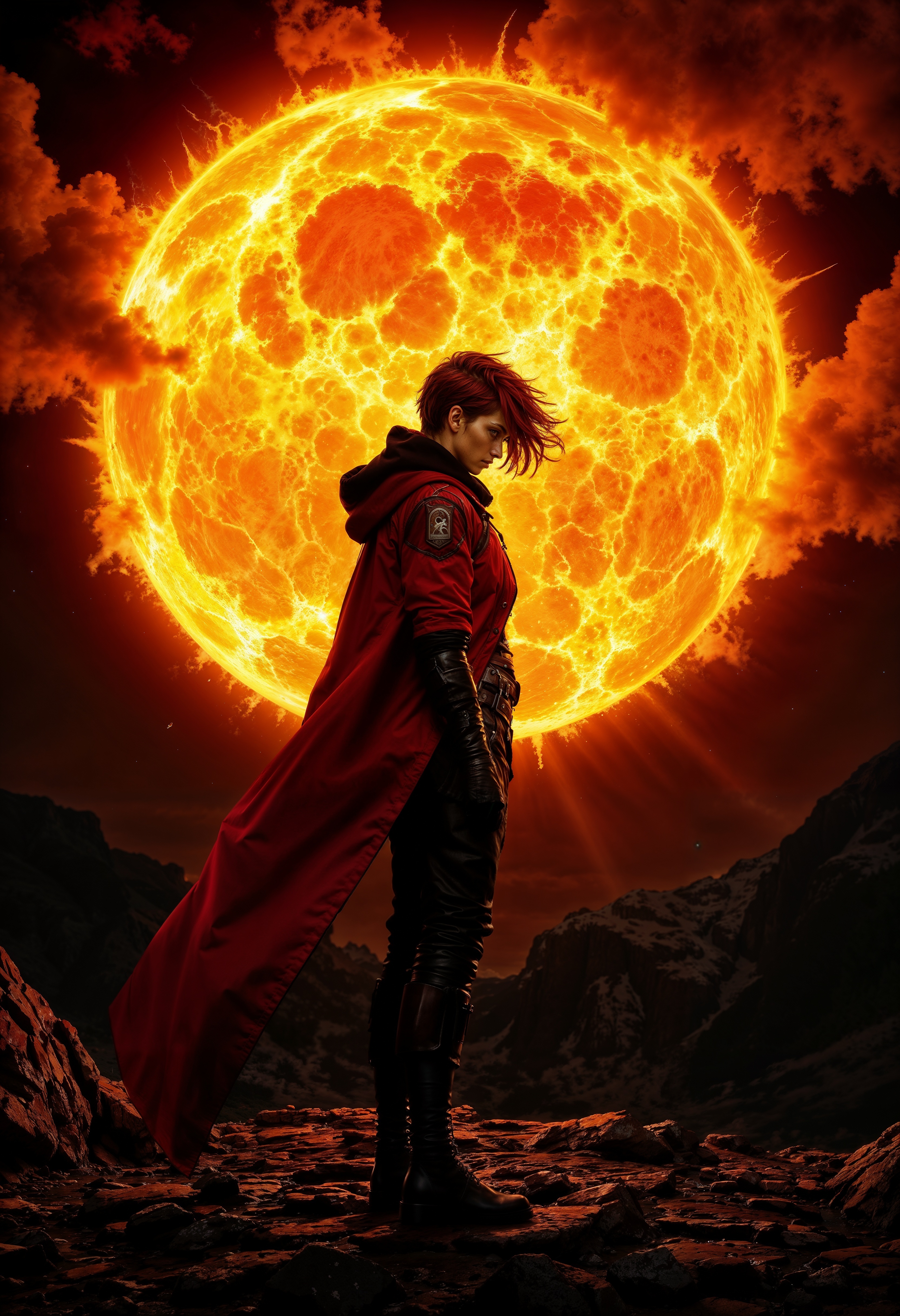 ViA, Highly detailed and dramatic digital artwork featuring a female standing against a dramatic backdrop of a fiery, glowing sun. The girl is dressed in red jacket that billows in the wind, exuding a sense of mystery. A short hair, blending with the swirling flames and smoke. The sun, positioned directly behind the girl, casts an intense, radiant light, creating a halo effect. The sky is filled with dark, ominous clouds, enhancing the dramatic and otherworldly atmosphere. The ground is rocky and charred, suggesting a volcanic or apocalyptic setting. The overall composition is centered, with the figure dominating the foreground, while the vibrant, fiery sun provides a striking contrast to the dark tones of the girl and landscape. <lora:FluxMythP0rtr4itStyle:0.6> <lora:flux.1_lora_flyway_Epic-Characters_v1:0.6> <lora:Elden_Ring_-_Yoshitaka_Amano:0.33> <lora:FluxViA:0.9>
