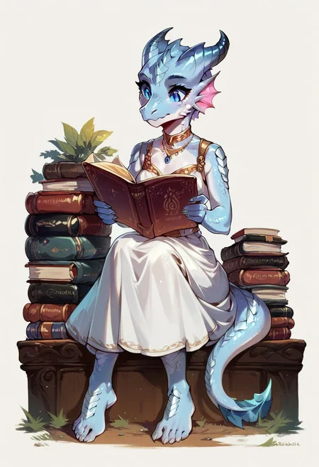 score_9, score_8_up, score_7_up,Dragonborn, anthro, dragon, 1girl, white scales, solo , white dress,  sitting, scalie legs,  5 toes,  cute, young,  reading a book
No background