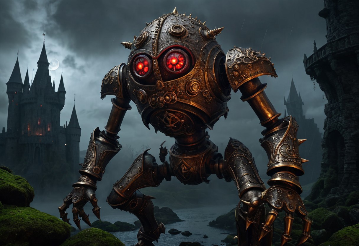 giant bipedal robot brass and striped silver and red striped paint, bronze paisley robot. lacy robot metal. spiked urchin helmet head. outside of a steampunk keep. large detailed torso. dark image. one forty foot tall ancient robot with great arms and two heavy spring legs. dark foggy night background. $dark foggy night image only. dark photo realistic image. steampunk details. cogs, chains and pipes incorporated in the fantasy buildings. magic wizards tower in background. Dark swamp, moss, castle ruins, wizards tower. stormy dark night.  stormy sky.  rain