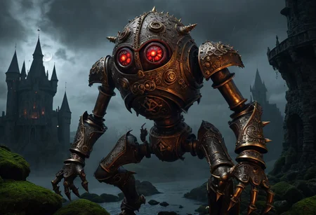 giant bipedal robot brass and striped silver and red striped paint, bronze paisley robot. lacy robot metal. spiked urchin helmet head. outside of a steampunk keep. large detailed torso. dark image. one forty foot tall ancient robot with great arms and two heavy spring legs. dark foggy night background. $dark foggy night image only. dark photo realistic image. steampunk details. cogs, chains and pipes incorporated in the fantasy buildings. magic wizards tower in background. Dark swamp, moss, castle ruins, wizards tower. stormy dark night. stormy sky. rain