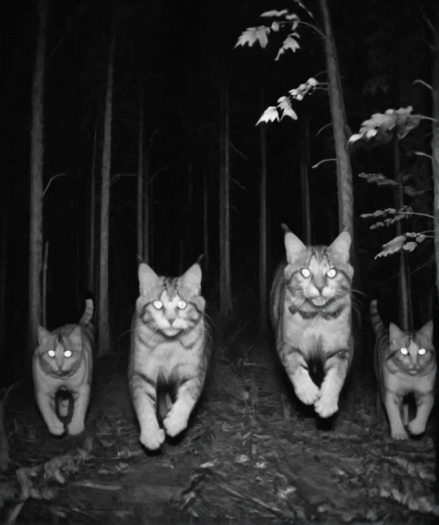 Cats are running through the forest, camera trap, monochrome <lora:Camera trap:1>