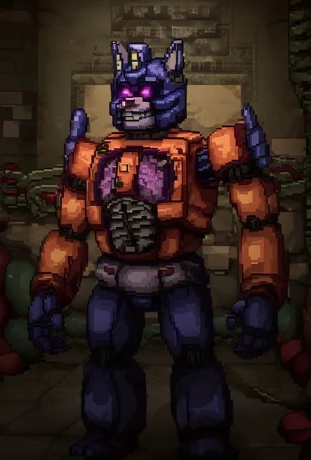 score_9, score_8_up, score_7_up,, good quality ,, character focus, solo, , best quality <lora:optimus-10:1> optimus, robot, mecha, autobot, solo,<lora:Fnaf_into_the_Pit__Style:1> pixel art, game assets, overworld