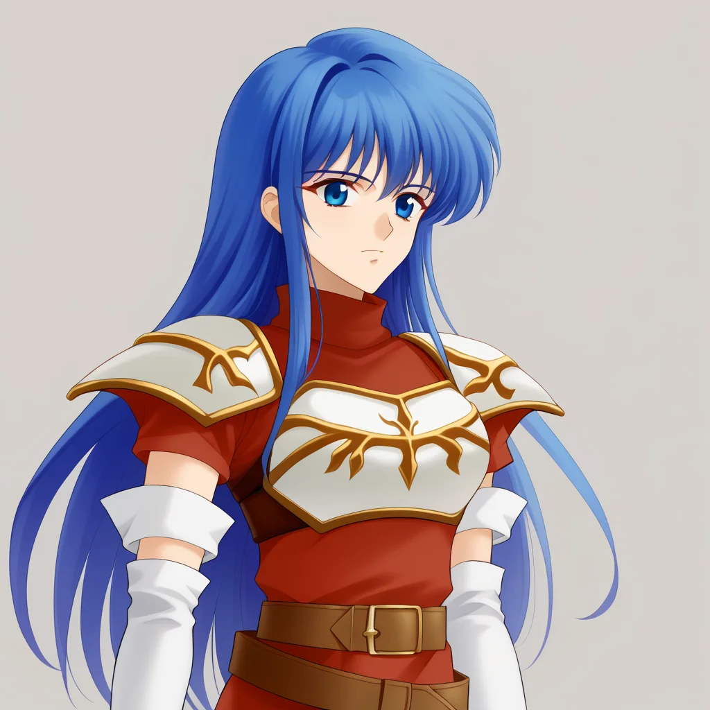 highres, absurdres, solo,1girl, upper body, caedadef, blue eyes, blue hair, long hair, bangs, turtleneck, red shirt, shoulder armor, pauldrons, breastplate, multiple belts, brown belt, white gloves, elbow gloves, <lora:caeda-fe-richy-v1_pdxl:1>, <lora:MayumiHirotaStyleThracia_SDXL-000010:1> MayumiHirotaStyle
