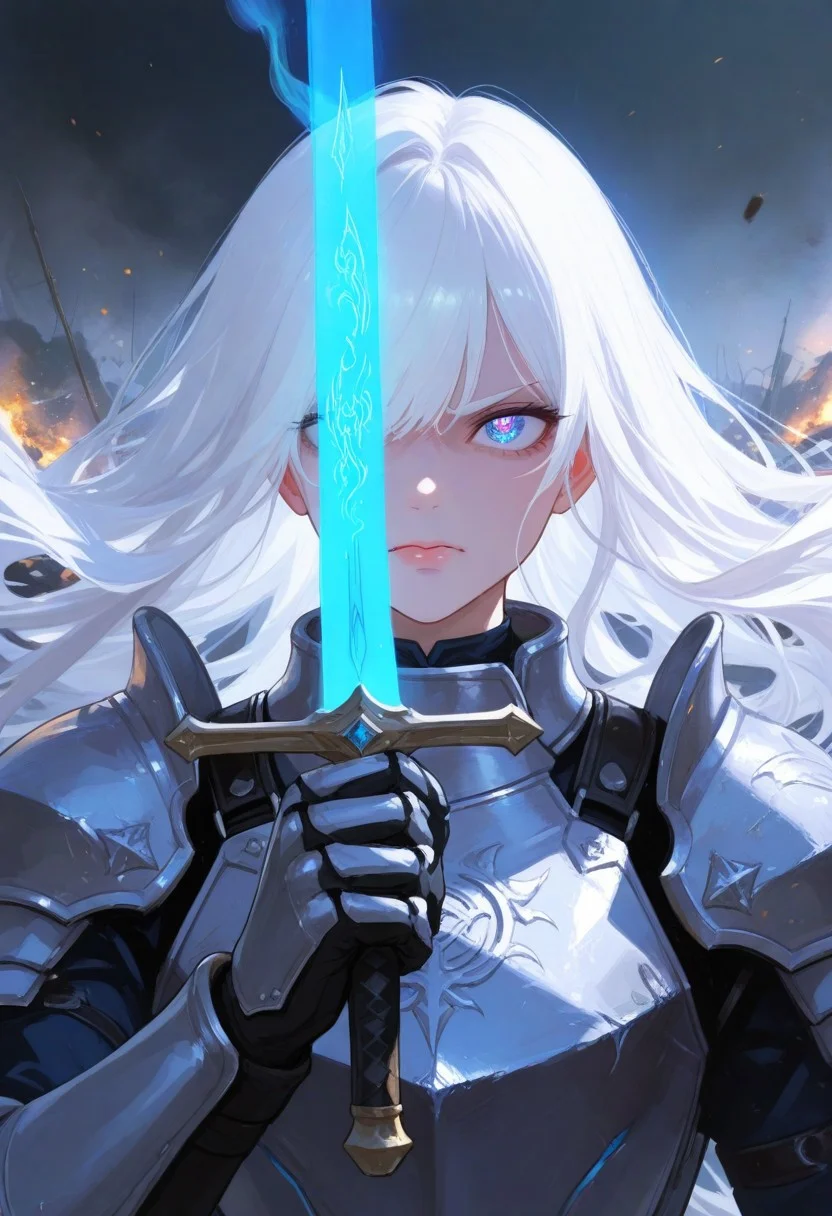 masterpiece, best quality, amazing quality, very aesthetic, absurdres, newest, holographic colors, cute, gradient colors, very aesthetic, volumetric lighting, ambient occlusion, intricate cinematic background, (beautiful detailed face), (strong, graceful, powerful), anime_face, BREAK highly detailed, solo, beautiful eyes, big eyes, (blue eyes), detailed eyes, perfect eyes, detailed pupils, perfect body, closed mouth, (confident lips), 1girl, BREAK noble presence, white hair, long hair, flowing hair, warrior armor, intricate design, breastplate, shoulder guards, steel sword in hand, gripping tightly, angry expression, strong posture, standing tall, regal aura, BREAK portrait, face focus, battlefield, war-torn landscape, smoke, debris, warriors in the background, intense atmosphere, detailed background, looking_at_viewer, cinematic lighting,