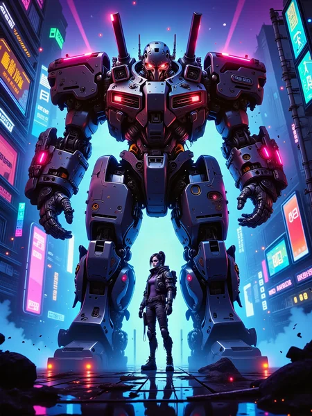 highly detailed sci-fi cyberpunk digital artwork in the style of cknc, scifi, a teenage girl with cybernetic enhancements stands confidently in front of her towering mecha robot in a futuristic dystopian cyberpunk city, in the foreground, the girlâs stance is firm and proud, framed by the glowing neon lights reflecting off her cybernetic enhancements and the mechanical armor of the colossal robot behind her, the cityscape is layered with holographic ads, gritty streets, and towering structures that fade into a misty, polluted skyline, distant, dimly glowing neon signs and billboards add depth, giving a sense of immense scale and urban density, the girl, outfitted with intricate cybernetic limbs, stands tall with a look of determination, her posture slightly angled to showcase both her profile and her powerful ally behind her, her attire is a mix of rugged and sleek, blending tactical urban gear with futuristic armor, her expression is fierce and focused, ready to face the dystopian world, medium shot from a low angle, emphasizing her stature and resilience while also capturing the massive scale of the robot and the sprawling city, the lighting is a blend of neon blues, purples, and pinks from holographic projections and distant signs, casting vibrant, reflected highlights on the mechaâs metallic armor and the girlâs enhancements, faint fog and dust filter through the light, adding to the dystopian atmosphere, subtle sparks and flickers from the mechaâs exposed circuits hint at its recent use, high-resolution digital format, emphasizing fine detail in textures, metallic reflections, and the layering of light, intricate shading with contrast between warm streetlight hues and cool neon, evoking the dynamic, intense atmosphere of a cyberpunk cityscape, cyberkinetic enhancements, aidmamj6.1, <lora:style-neurocore_anime_cyberpunk-flux-by_chronoknight:0.72> <lora:midjourney_61-v0.3-flux-by_aidma:0.44> <lora:image_enhancer-flux-by_dever:0.84>