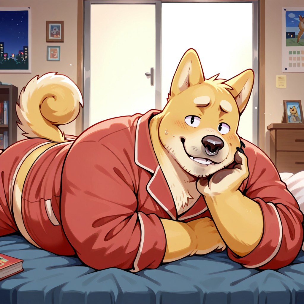 1boy, detail background, solo, male, anthro, dog, pointed ears, black nose, two tone fur, fat, fat, belly, broad shoulders, plump, overweight, big belly, golden fur, black claws, four fingers, coiled tail, black eyes, nose piercing, BREAK otaku room, messy room, apartment, evening, red pajamas, on stomach, on bed, looking at viewer, close-up, smile, nervous, hand on chin, upper body, dynamic angle