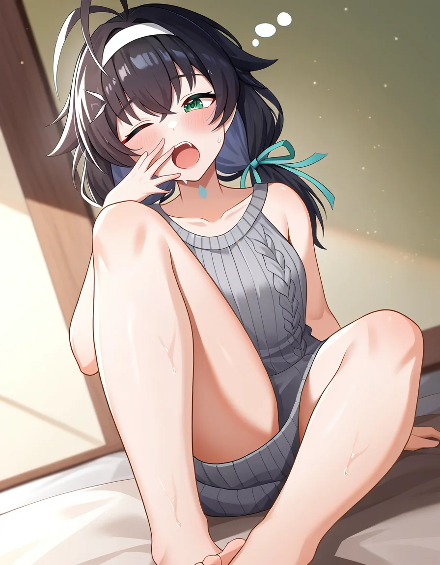 thighs,small breasts,virgin killer sweater,virgin killer outfit,full body,
<lora:faniya_noob2:0.75>,faniya,1girl,solo,2dfaniya,green eyes,black hair,hairband,twintails,ribbon,hair ribbon,bangs,antenna hair,ahoge,collarbone,low twintails,long hair,wet,sleepy,looking_away,yawning,
masterpiece,best quality,very aesthetic,absurdres,