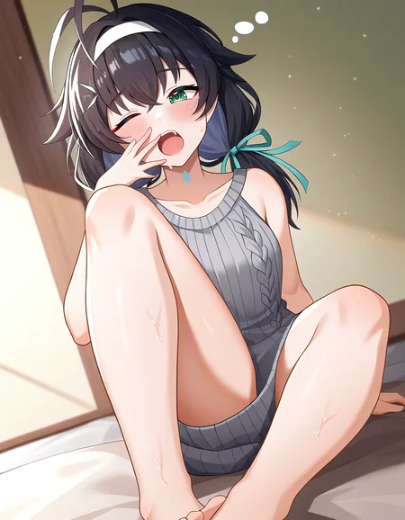 thighs,small breasts,virgin killer sweater,virgin killer outfit,full body,
<lora:faniya_noob2:0.75>,faniya,1girl,solo,2dfaniya,green eyes,black hair,hairband,twintails,ribbon,hair ribbon,bangs,antenna hair,ahoge,collarbone,low twintails,long hair,wet,sleepy,looking_away,yawning,
masterpiece,best quality,very aesthetic,absurdres,