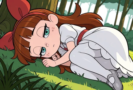 masterpiece, best quality, good quality, little girl, shortstack, 1girl, solo, freckles, blue eyes, eyelashes, perfect eyes, long hair, brown hair, straight bangs, red hairband, red hairbow, white dress, white collared dress, short sleeves, puffy sleeves, red belt, white petticoat, white pantyhose, silver shoes, lying, on the grass, under a tree, half-closed eyes, looking at viewer, sleeping, on her side, curled up, forest, early morning, from below, upper body, closeup,