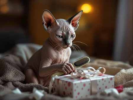 Ultra-realistic photo of a hairless Peterbald cat sitting in a cozy, warmly lit room, crying with tears streaming down its face. The cat has just opened a gift box and is holding a hairbrush delicately in its paws. Its large, tear-filled eyes reflect a deep sadness, as it looks at the gift, feeling the sorrow of being bald. The opened gift box lies beside the cat, surrounded by a soft blanket and a few scattered pieces of wrapping paper. The scene is filled with emotion, conveying the cat's sense of loss and vulnerability