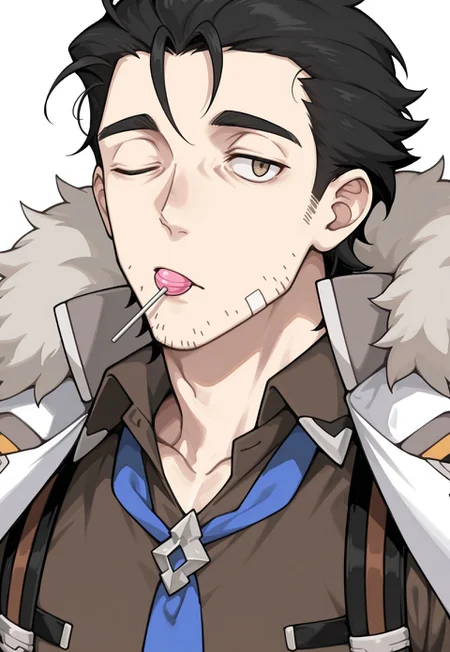 masterpiece, best quality, newest, extreme detail description, amazing quality, 1boy, solo, z3kh3l_wf, brown eyes, black hair, stubble, fur-trimmed coat, coat on shoulders, collared shirt, brown shirt, blue necktie, lollipop on mouth, winking, close-up:1.2, white background