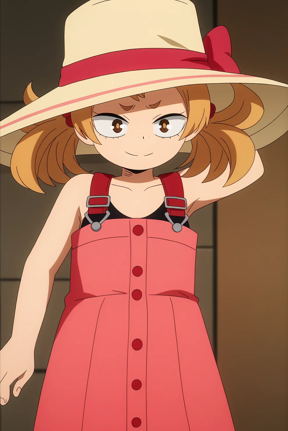Mahoro shimano, sun hat, pink dress, black shirt, anime screencap <lora:Commision_MHA-Mahoro_shimano-PDXL-rnd89-000002:0.8>