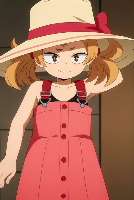 Mahoro shimano, sun hat, pink dress, black shirt, anime screencap <lora:Commision_MHA-Mahoro_shimano-PDXL-rnd89-000002:0.8>