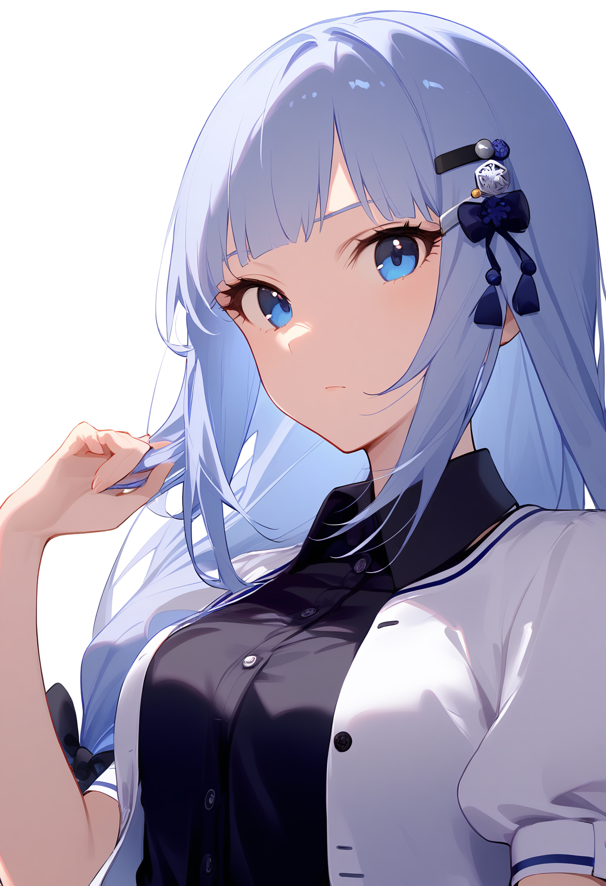1girl,
shiraishi tsumugi,


grey hair, jacket, blunt bangs, hair bow, white hair, collared shirt, white background, closed mouth, short sleeves, shirt, open clothes, simple background, puffy sleeves, medium breasts, breasts, bow, black bow, looking at viewer, white jacket, open jacket, black shirt, long hair, off shoulder, dress shirt, blue eyes, upper body, solo, puffy short sleeves, hair ornament, very long hair, low-tied sidelocks, hairclip,

sfw
<lora:a31_char_new_shiraishi_tsumugi-000020:1> <lora:a31_style_koni-000010:0.8>