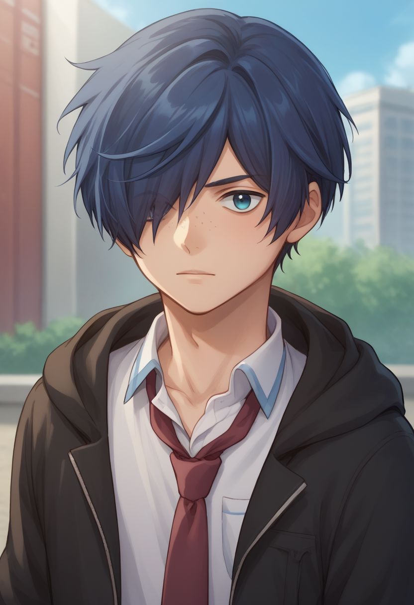 score_9, score_8_up, source_anime, highly detailed, 1boy, 
toi, 1boy, male focus, solo, blue eyes, blue hair, freckles, necktie, hair over one eye, belt, red necktie, upper body, pants, hood,
outdoor,