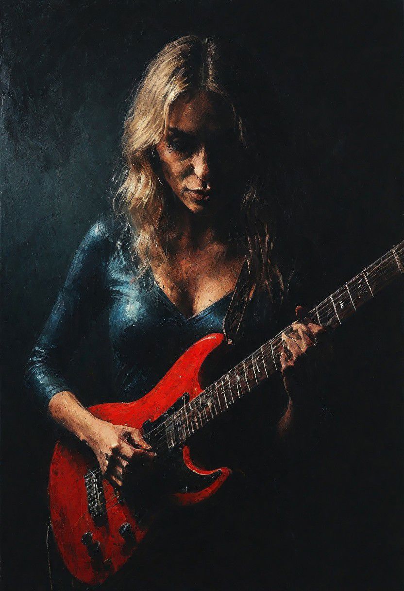 masterpiece, best quality,pictorialist style, low angle shot, medium shot, Bokeh, raw, dappled light on 1woman 30year old, playing guitar, electric guitar, (long and slender and beautiful legs), bare arms, supergirl costume, blonde hair, long hair, stand,Stage,headphone, masterpiece, best quality, 8k , ultra realistic, rule of thirds, dramatic overhead lighting, detailed face, cute, shallow depth of field, intricate details,
