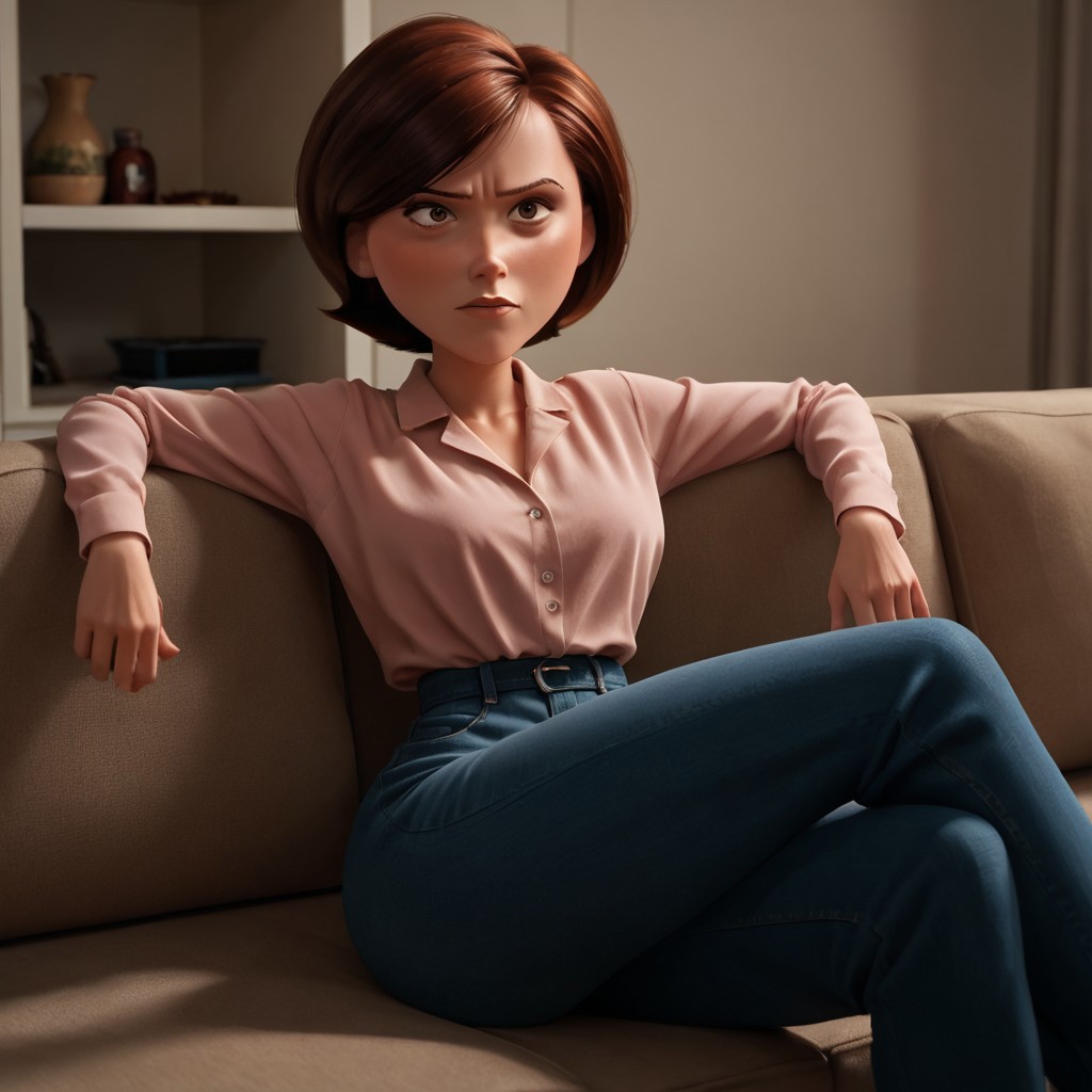 score_9, score_8_up, score_7_up, score_6_up, score_5_up, score_4_up, rating_questionable, 1girl, Hel_enParr, on a couch, seductive look, short hair, dark red hair, big hips, blouse