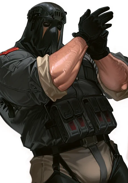 masterpiece,best quality,amazing quality, bara, 1boy, solo,male only, white background, simple background,
kon1g, konig, masked, black gloves,military uniform, tight clothing, big pecs, broad shoulders, wide body, rolled up sleeves, arm hair, looking at viewer, dynamic pose, dynamic angle, upper body,