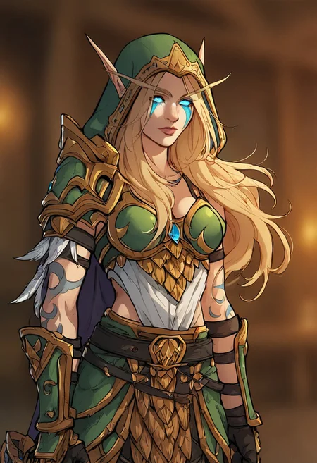 score_9, score_8_up, cowboy shot, 1girl, solo, source_anime, highly detailed, alleria windrunner, hood, armor, long hair, blue eyes, tattoo, motion_lines, ( indoors, day), <lora:Smooth Anime Style LoRA XL:0.75>, kinkymationstyle